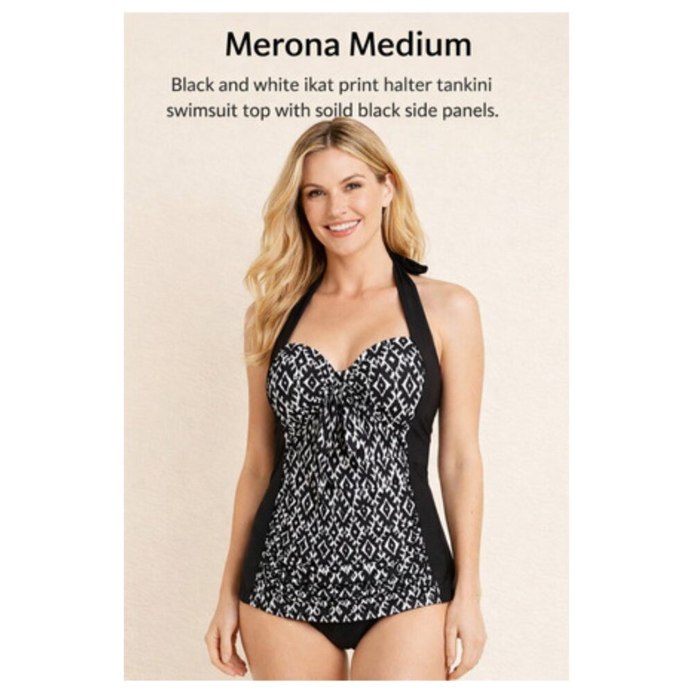Merona Black Ikat Halter Shirred Tankini Top Only Swimsuit Women's Medium New